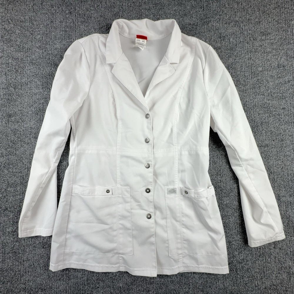 VTG Dickies Jacket Womens Small White Lab Coat Button Stretch Pockets Medical